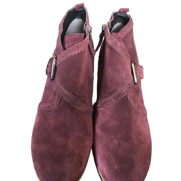 Franco Sarto Arielle Fashion Bootie Sz. 10M Wedge Heel Burgundy Suede Buckle - Picture 6 of 9
